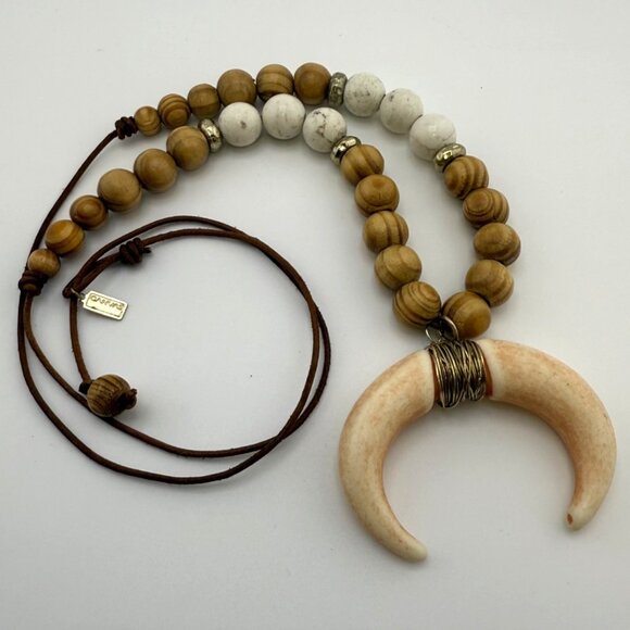 Canvas Crescent Faux Bone Horn Pendant Necklace with Wooden Beads 32" Adjustable - Picture 3 of 4